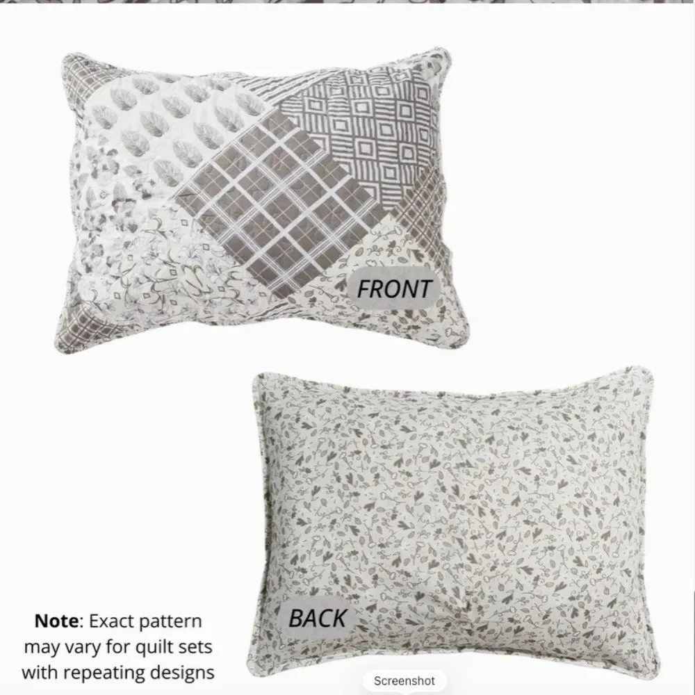 Charming Gray Patchwork Printed King Quilt Set Farmhouse Cottagecore Ditsy